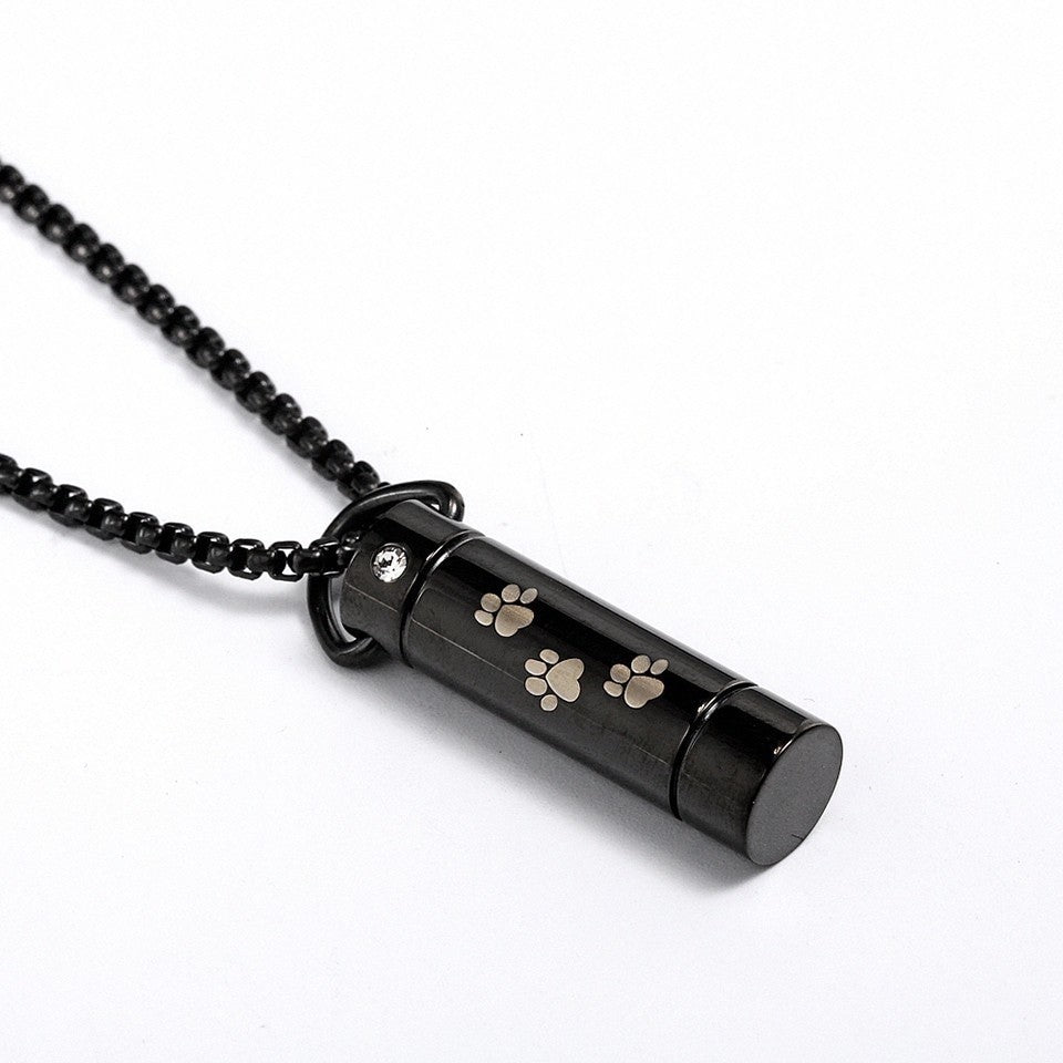 Paw Print Cylinder Cremation Urn Memorial Black Stainless Steel Pendant Necklace - Matties Modern Jewelry