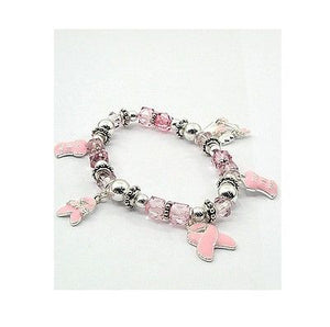Breast Cancer Awareness Pink Ribbon Dangle Charm Fashion Stretch Bracelet - Matties Modern Jewelry