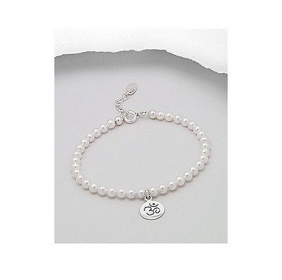 Ohm Om Aum Sterling Silver Charm Faux White Pearl Bracelet - Matties Modern Jewelry