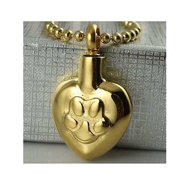 Paw Print Heart Shaped Gold Stainless Steel Cremation Urn Pendant Necklace - Matties Modern Jewelry