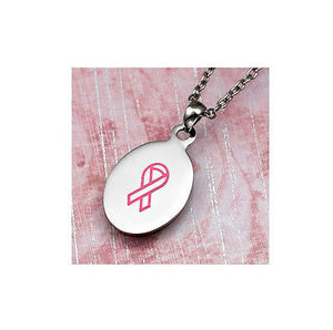 Breast Cancer Pink Ribbon Oblong Silver Stainless Steel Pendant Necklace - Matties Modern Jewelry