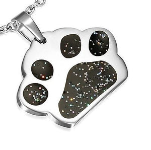 Dog Black Glitter Paw Print 316 tainless Steel Metal Pendant Necklace - Matties Modern Jewelry
