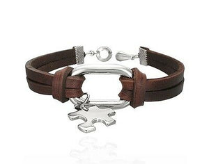 Puzzle Piece Autism Awareness Brown Leather Wristband Clasp Bracelet - Matties Modern Jewelry