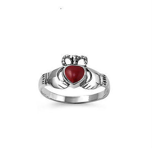 Celtic Claddagh Sterling Silver Ring Red Stone Size 4-9 - Matties Modern Jewelry