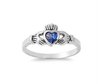 Tiny Claddagh Sterling Silver .925 Ring Sapphire Blue CZ Sizes 1-9 - Matties Modern Jewelry