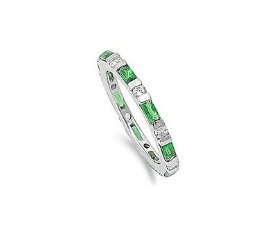 Emerald and Clear Rectangle CZ Eternity Ring Sterling Silver Sizes 5-9 - Matties Modern Jewelry