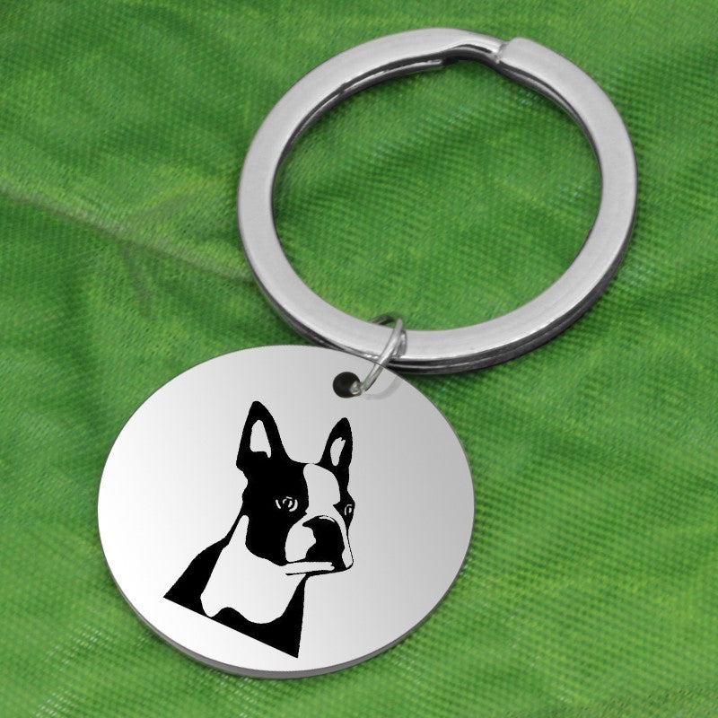 Boston Terrier Dog Canine Black Silver Stainless Steel Keychain - Matties Modern Jewelry