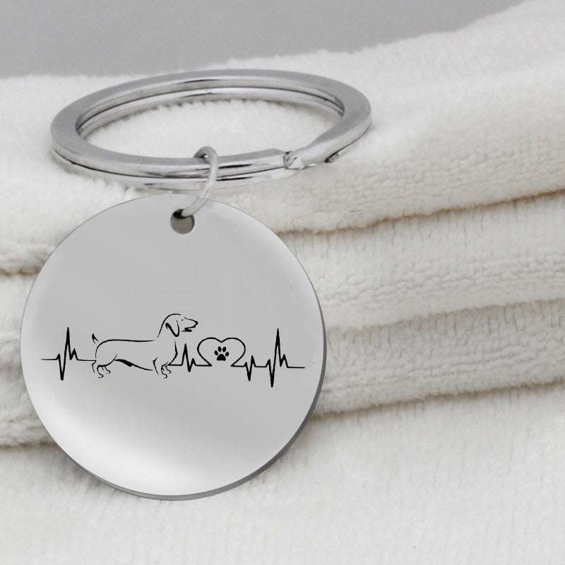Love Dachshund Dog Heartbeat EKG Black Silver Stainless Steel Keychain - Matties Modern Jewelry