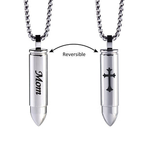 Mom Cross Cremation Urn Memorial Silver Bullet Stainless Steel Pendant Necklace - Matties Modern Jewelry