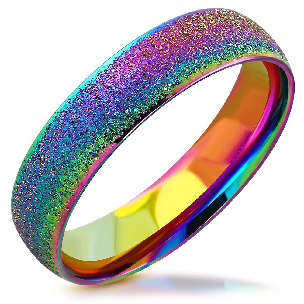Gay Lesbian Rainbow Anodized Textured Stainless Steel Band Ring Size 5-13 - Matties Modern Jewelry