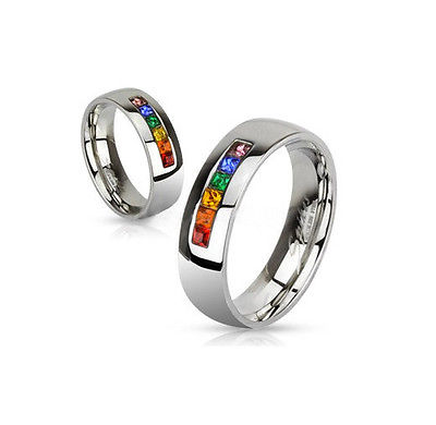 Gay Lesbian Rainbow CZ Stainless Steel Ring Sizes 5-10 - Matties Modern Jewelry