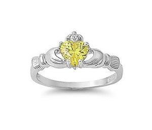 Celtic Claddagh Sterling Silver Ring Yellow Topaz with Clear CZ Sizes 5-10 - Matties Modern Jewelry