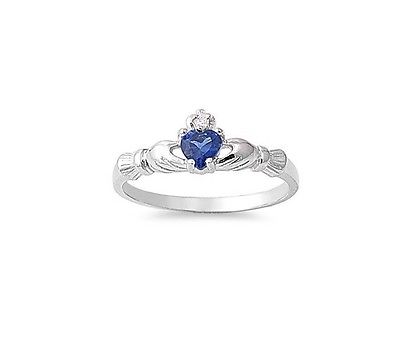 Small Claddagh Sterling Silver Ring Sapphire with Clear CZ Sizes 1-9 - Matties Modern Jewelry