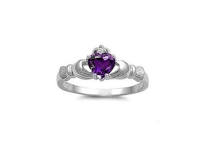 Claddagh Sterling Silver Ring Amethyst with Clear CZ Sizes 4-12 - Matties Modern Jewelry
