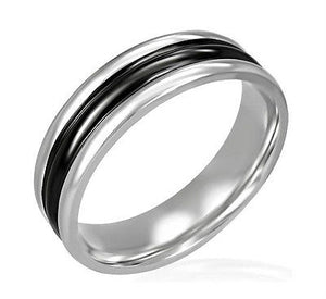 Black & Silver Stainless Steel Wide Ribbed Ring Sz 6-10 - Matties Modern Jewelry