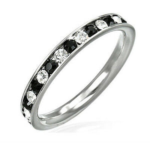 Black Clear CZ Eternity Ring Stainless Steel Sizes 5-9 - Matties Modern Jewelry