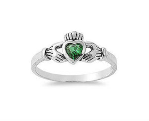 Tiny Celtic Claddagh Sterling Silver Ring Emerald CZ Sizes 1-9 - Matties Modern Jewelry