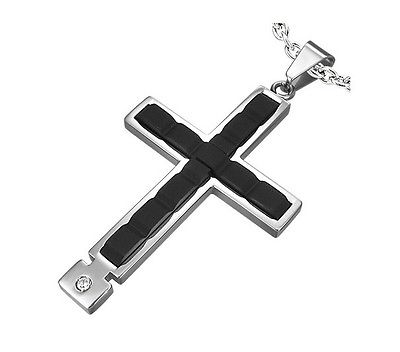 Black and Silver Stainless Steel Cross Crucifix Pendant Necklace PLY076 - Matties Modern Jewelry