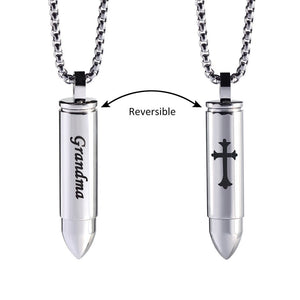 Grandma Cross Cremation Urn Silver Bullet Stainless Steel Pendant Necklace - Matties Modern Jewelry